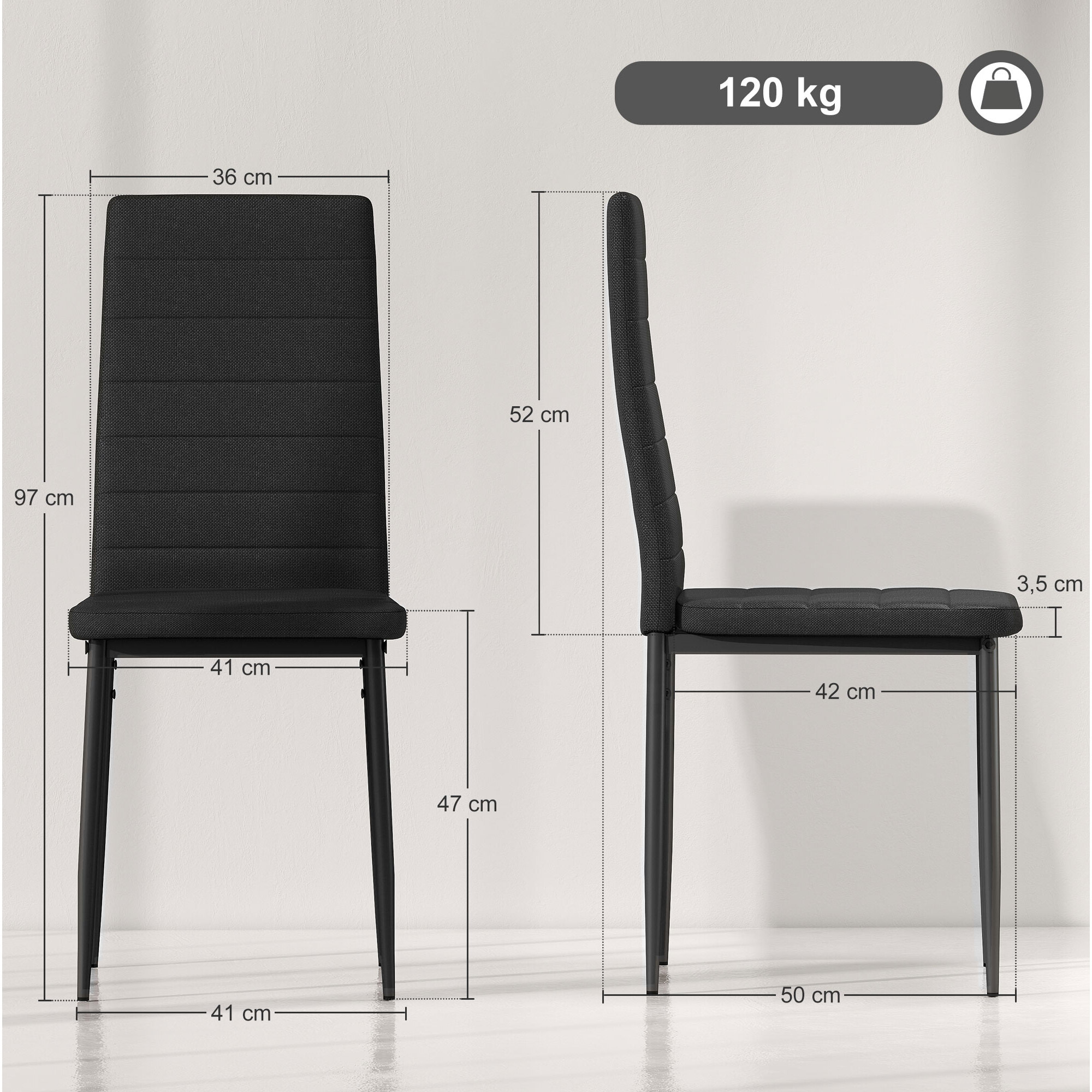 Pack de 6 Sillas de Comedor Modernas, Sillas de Cocina Tapizadas en Lino Sintético con Respaldo Alto y Patas de Metal, para Salón, Negro