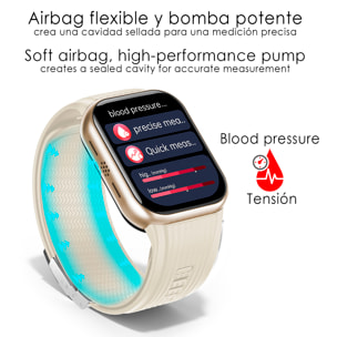 Smartwatch TK67. Llamadas Bluetooth con funciones avanzadas de salud: temperatura corporal, ECG, micro examen físico y presión arterial mediante bomba de inflado y bolsa de aire.