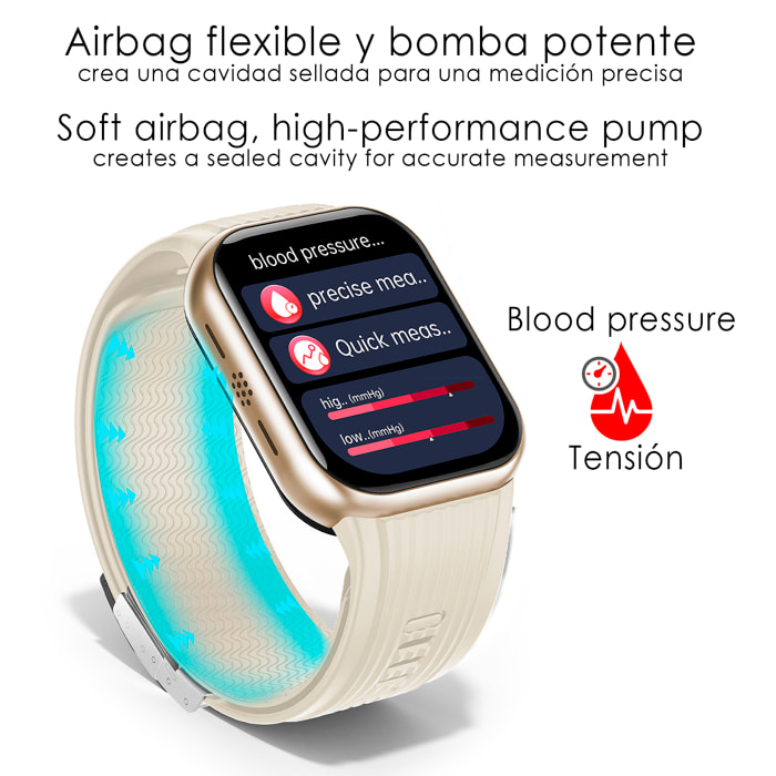 Smartwatch TK67. Llamadas Bluetooth con funciones avanzadas de salud: temperatura corporal, ECG, micro examen físico y presión arterial mediante bomba de inflado y bolsa de aire.