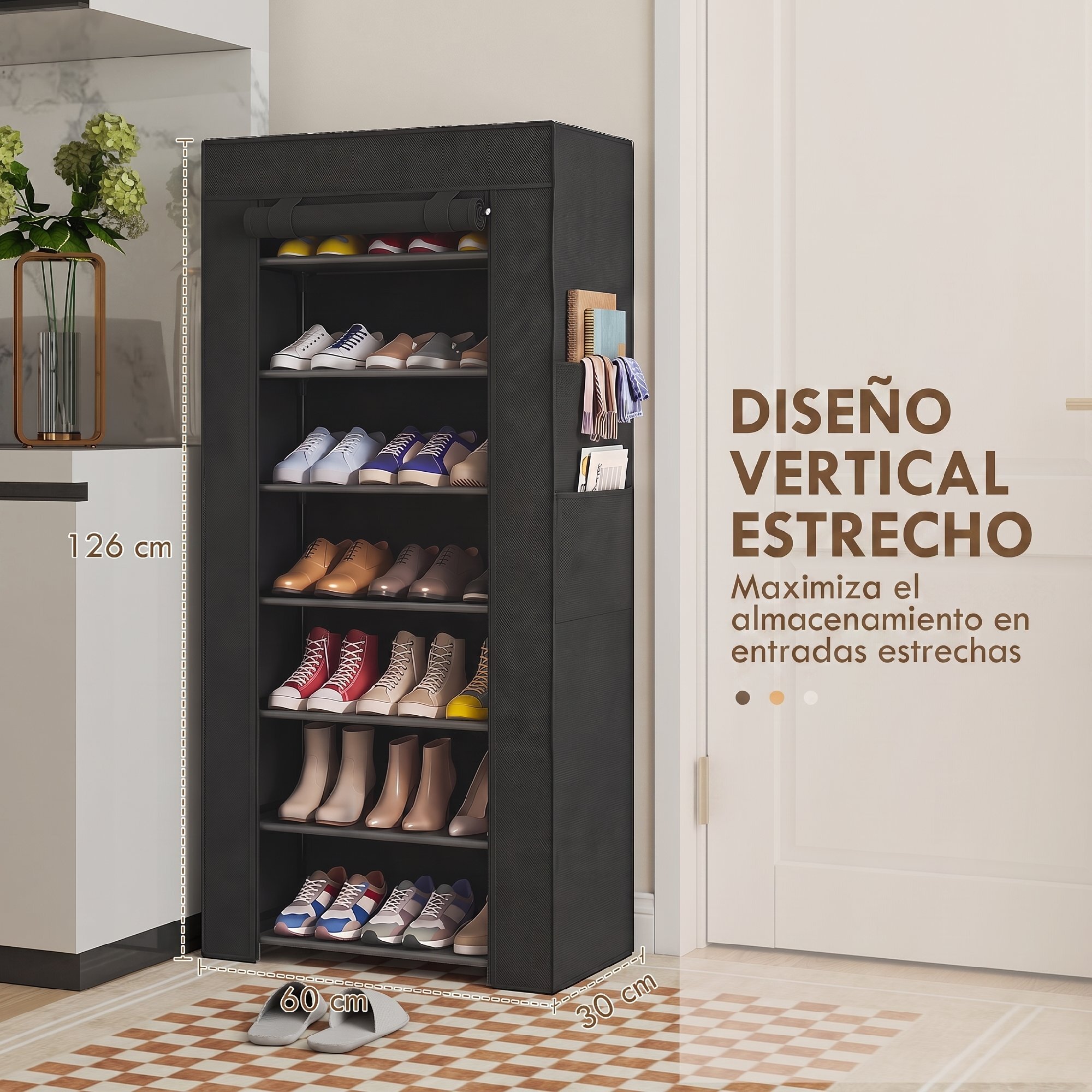 HOMCOM Zapatero de 7 Niveles, Zapatero Estrecho de Acero con Funda de Tela no Tejida, 2 Bolsillos Laterales, Estantería para 14-21 Pares de Zapatos, para Recibidor, Entrada, Pasillo, Negro