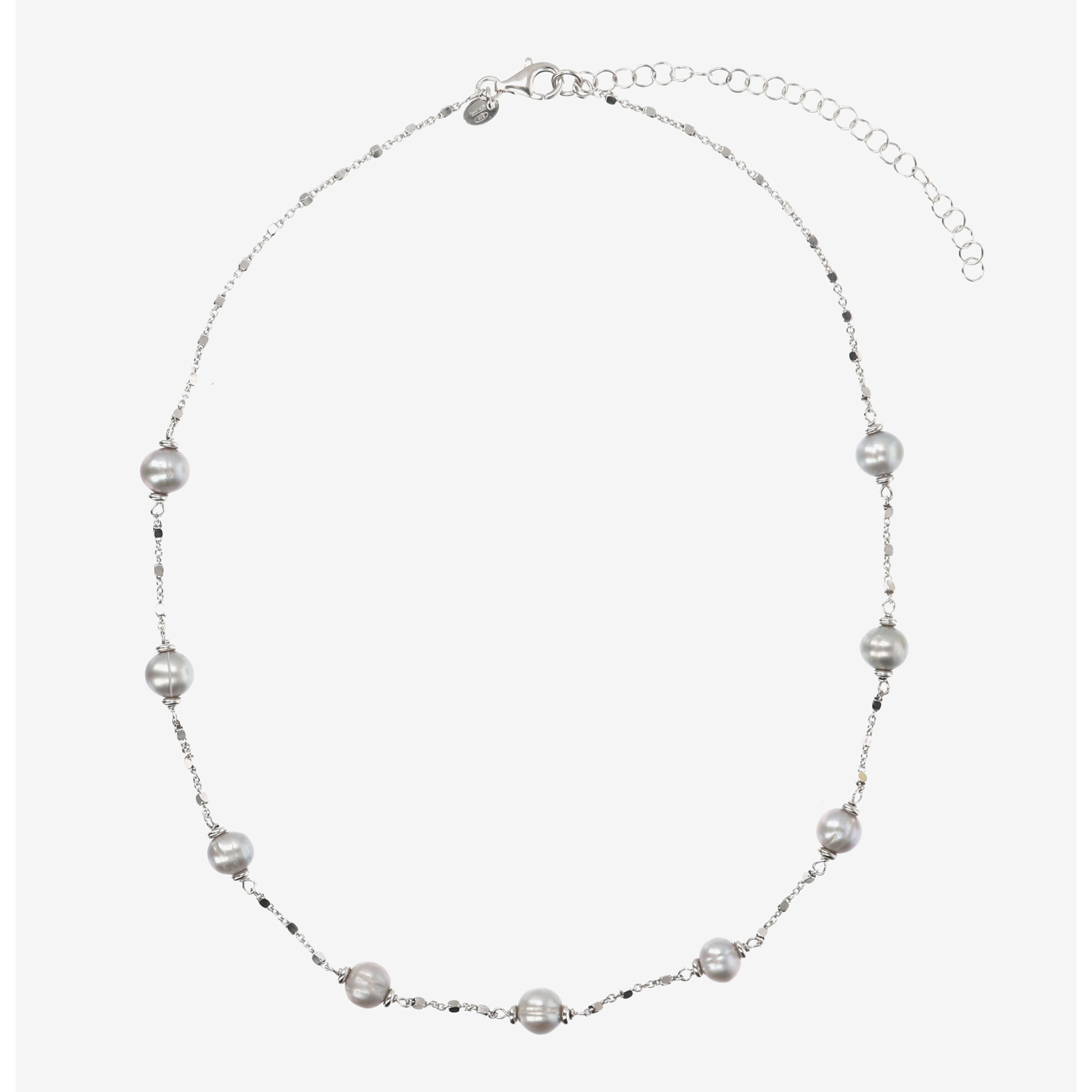PERLAVIVA - Collana Catena a Cubetti in Argento 925 con Perle d'Acqua Dolce Grigie Ø 6/8 mm