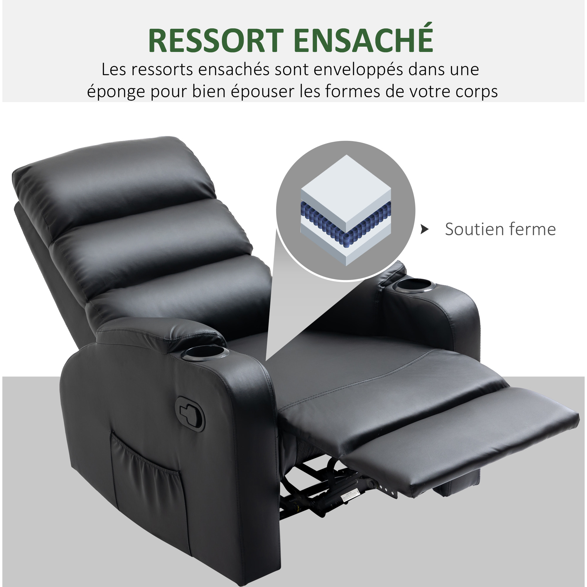 Fauteuil de relaxation inclinable avec repose-pied ajustable revêtement synthétique noir