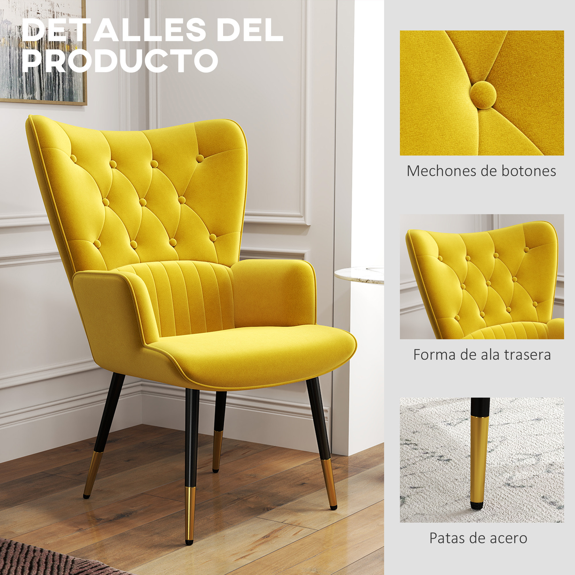Sillón Individual Butaca de Dormitorio Butaca de Salón Tapizado en Terciopelo con Respaldo Alto Reposabrazos y Patas de Acero Estilo Moderno 68x72x103 cm Amarillo