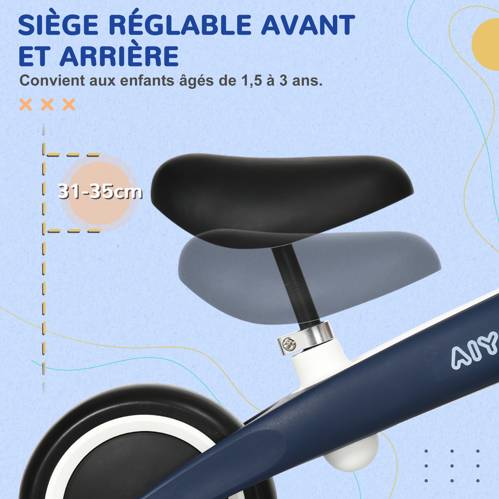 Draisienne vélo enfant 18-36 mois - selle réglable, poignées antidérapantes, roues mousse increvables - blanc bleu marine