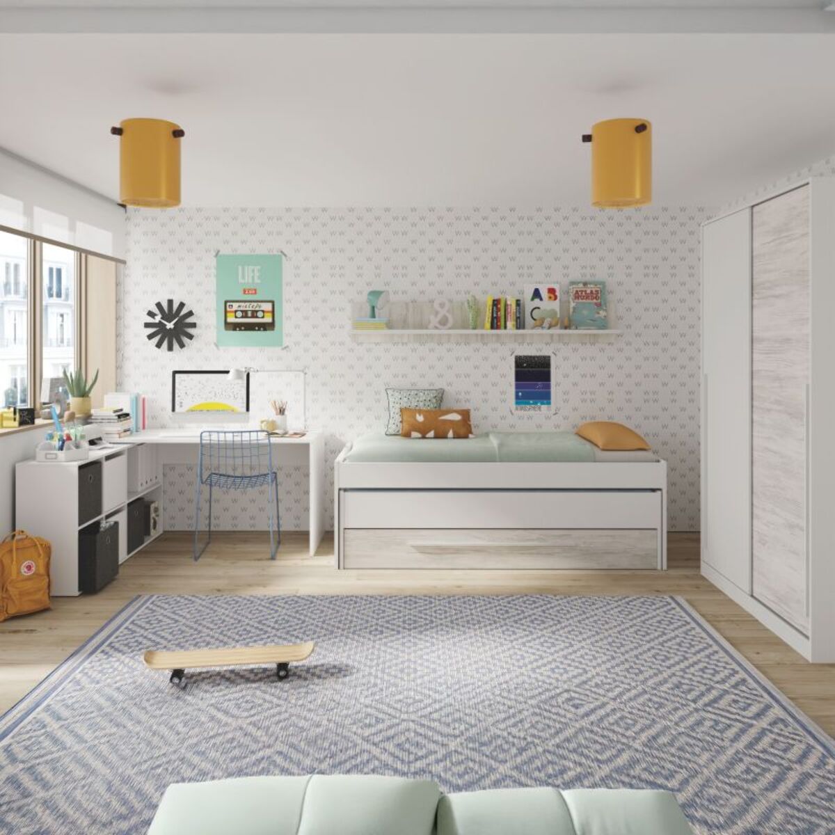 Cama doble juvenil con estante Nuit Blanco Artik (Blanco Mate) – Blanco Velho