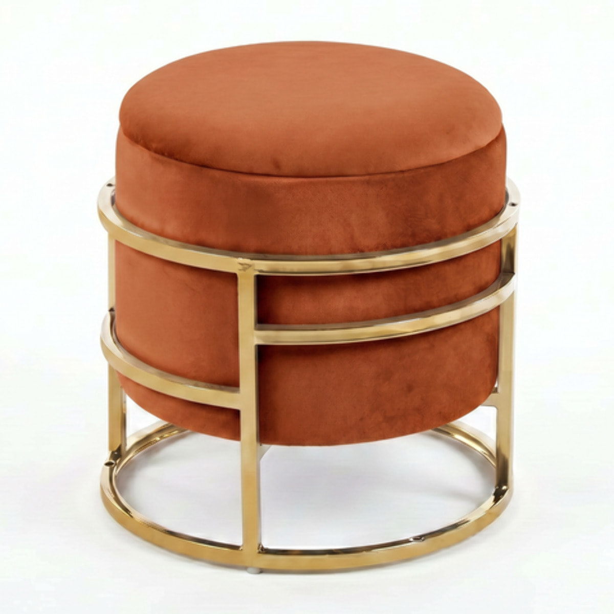 Pouf Contenitore Rotondo in Velluto con Coperchio e Base in Acciaio Dorata, Seduta Imbottita con Vano Contenitore dallo Stile Elegante per Soggiorno, Camera da Letto e Ingresso