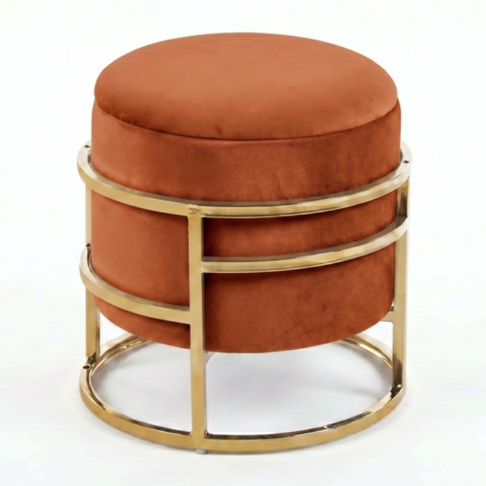 Pouf Contenitore Rotondo in Velluto con Coperchio e Base in Acciaio Dorata, Seduta Imbottita con Vano Contenitore dallo Stile Elegante per Soggiorno, Camera da Letto e Ingresso