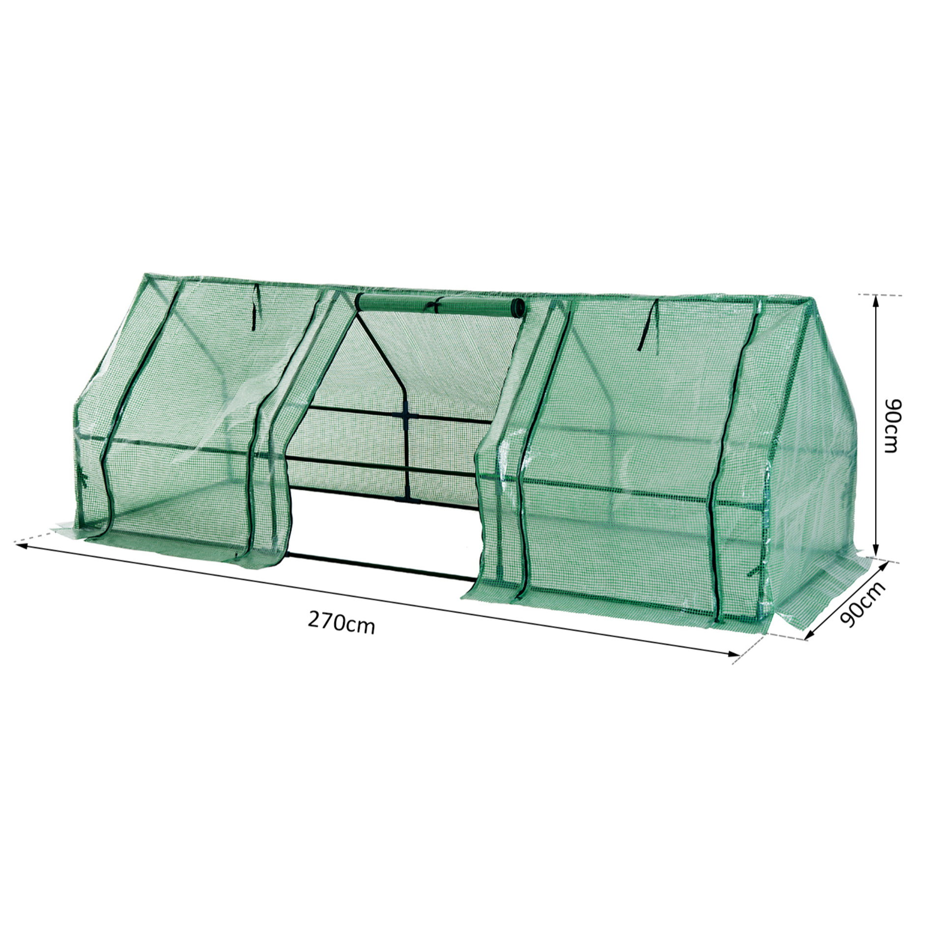 Mini serre de jardin 270L x 90l x 90H cm acier PE haute densité 140 g/m² anti-UV 3 fenêtres avec zip enroulables vert