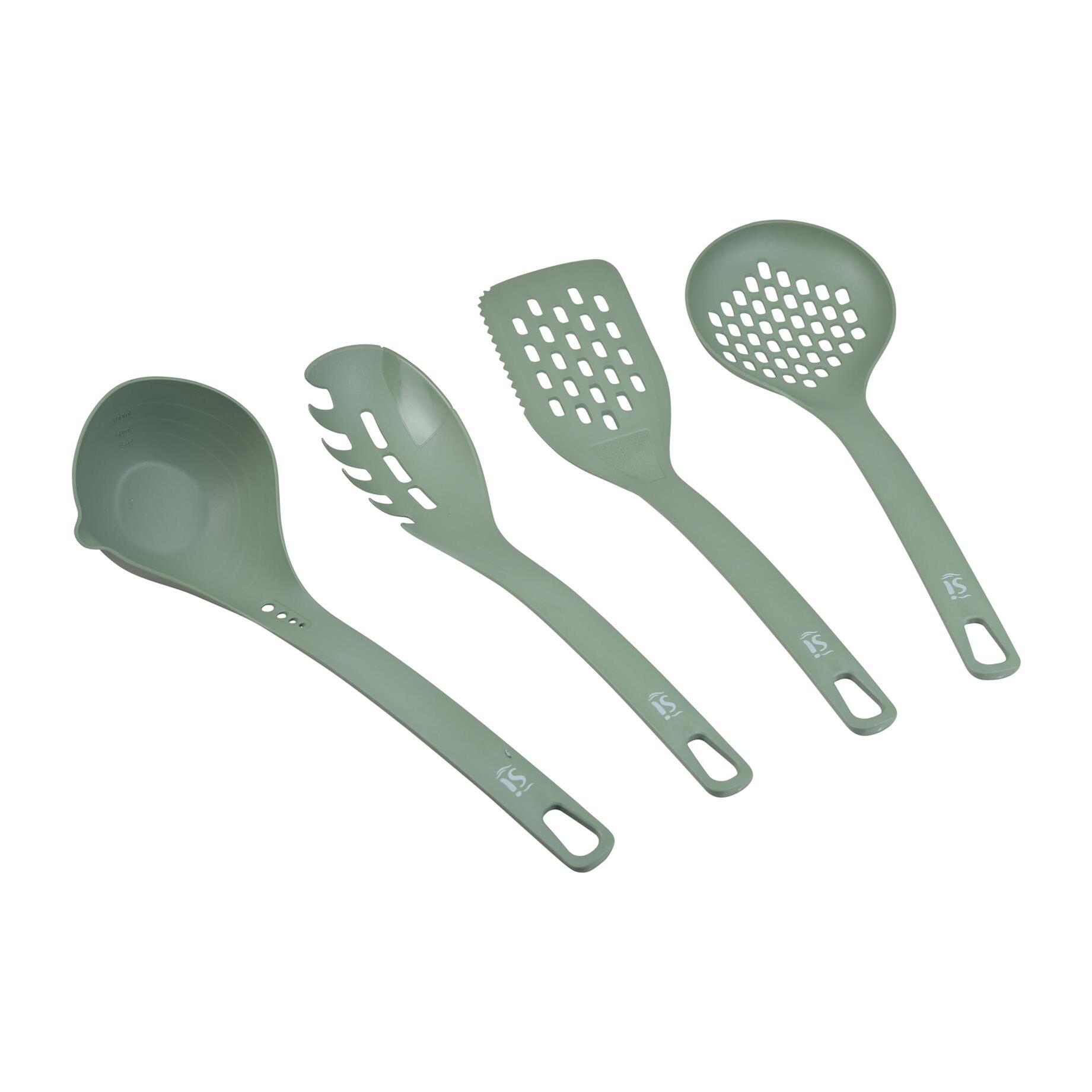 Juego de 4 utensilios de cocina: servidor de pasta (31×7,3 cm), cuchara de servir (33×5,8 cm), cucharón (31×9 cm) y espátula ranurada (31,5×7,4 cm), color negro, material PBT