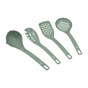 Juego de 4 utensilios de cocina: servidor de pasta (31×7,3 cm), cuchara de servir (33×5,8 cm), cucharón (31×9 cm) y espátula ranurada (31,5×7,4 cm), color negro, material PBT