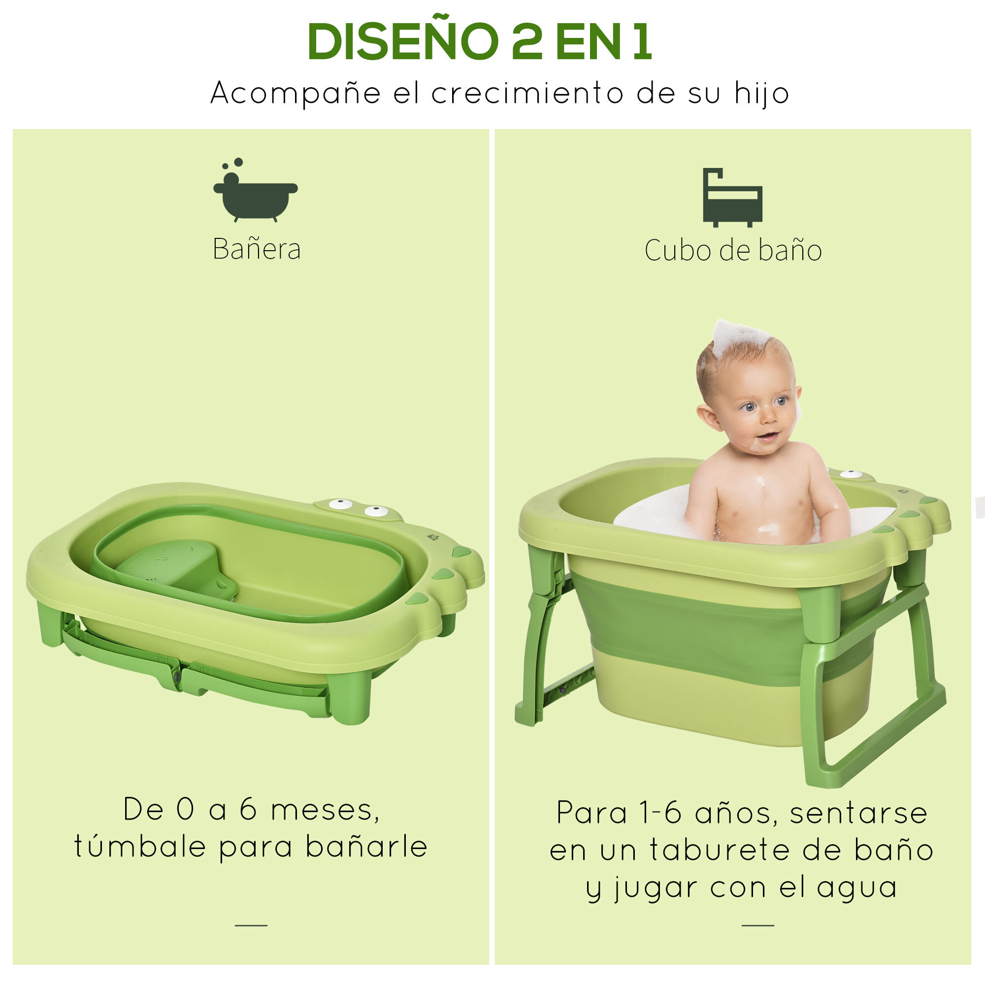 Bañera Plegable para Bebé de 0-6 Años Capacidad 105L Bañera Portátil para Niños con Patas Antideslizantes y Orificio de Drenaje Carga 50 kg 75,3x55,4x43 cm Verde