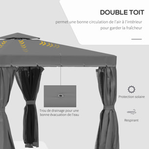 Tonnelle de jardin 3 x 3 m avec toit double cadre en aluminium gris