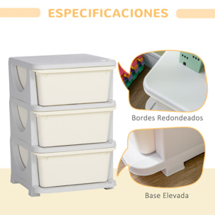 Torre de Almacenamiento Infantil con 3 Cajones Organizador de Juguetes para Niños +3 Años Gran Almacenaje con Asas para Juguetes Ropa Libros 37x37x56,5 cm Crema