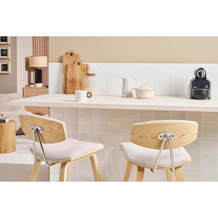 Tabourets de bar design en tissu effet velours texturé beige et bois clair H69 cm (lot de 2) VASCO