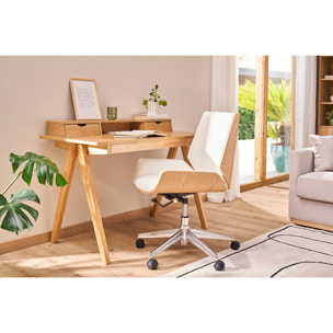 Chaise de bureau à roulettes design en tissu effet velours texturé beige, bois foncé et acier chromé CURVED