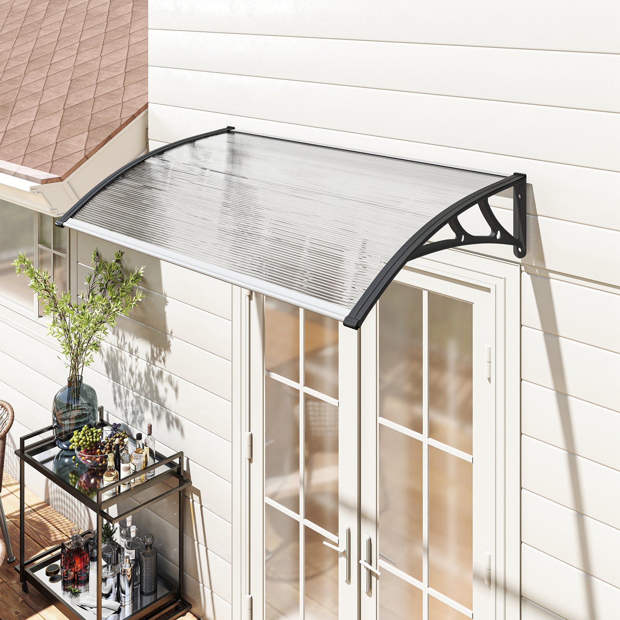 Auvent marquise de porte design voûté arrondi dim. 110x60x18cm alu polycarbonate plastique noir