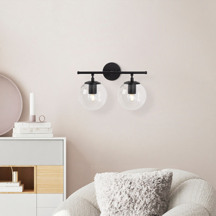 Aplique de pared pantalla transparente, metal , negro, 36x24x16, casquillo 2 x E14 Max 40 W