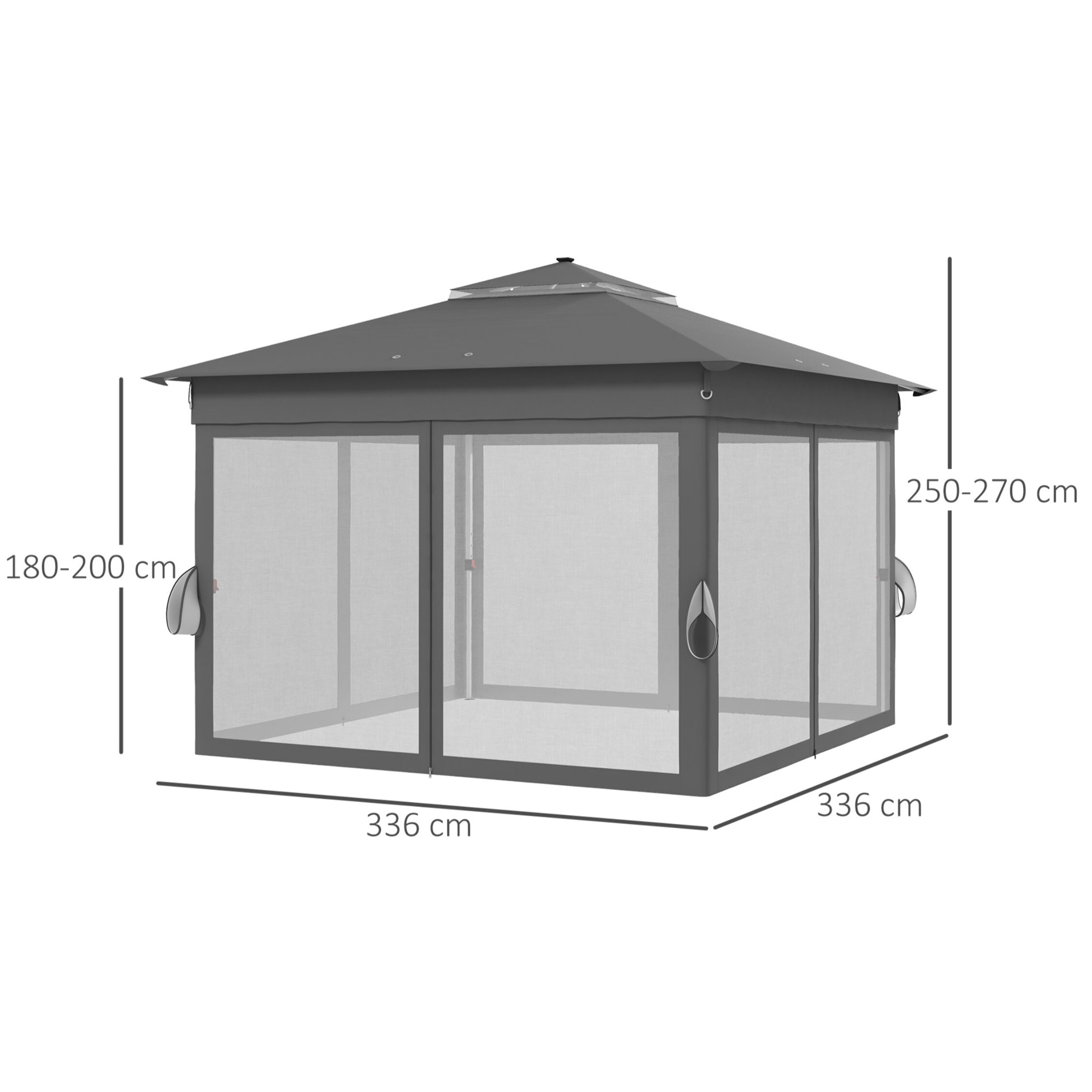 Carpa Plegable 3x3 m Cenador de Jardín con Doble Techo 4 Mosquiteras 20 Luces LED Solares Altura Ajustable Mando a Distancia y Bolsa de Transporte para Jardín Patio Fiestas Gris