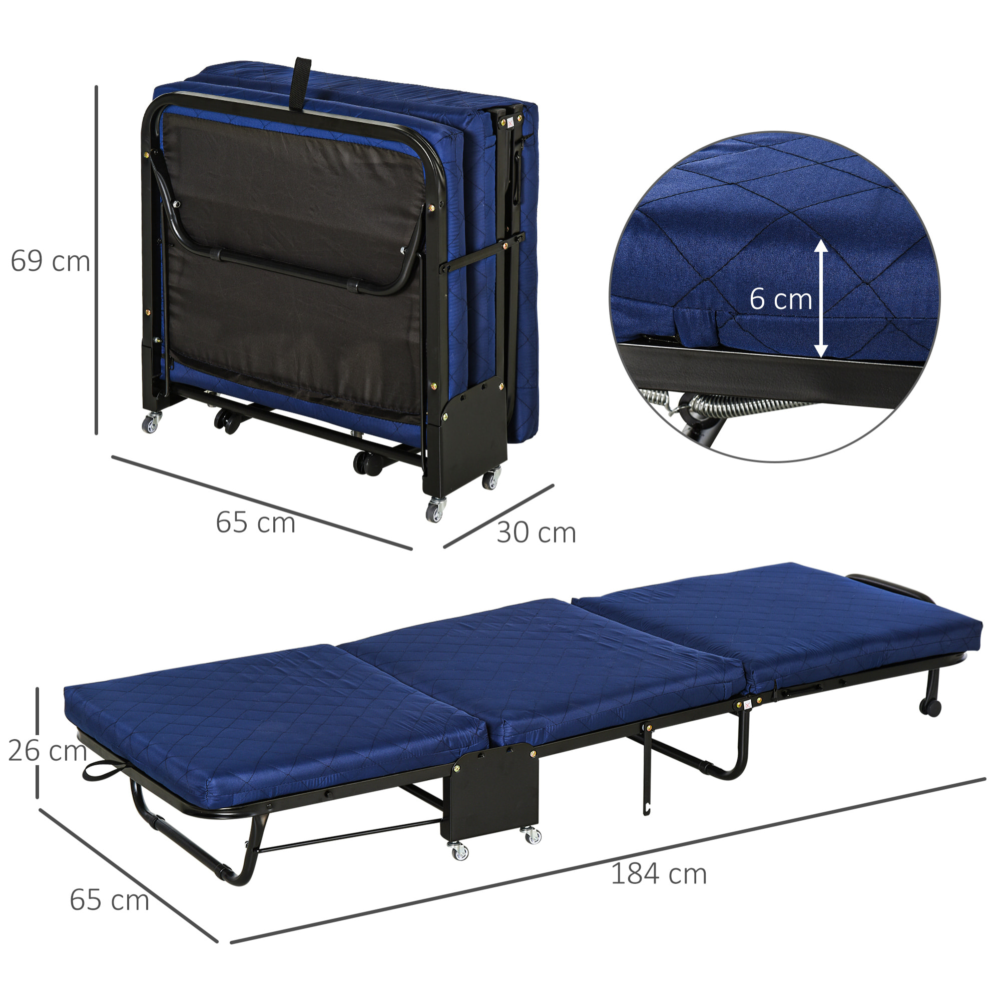 Cama Plegable Portátil Cabecera Ajustable en 5 Niveles de Ángulo 184x65x26cm Azul