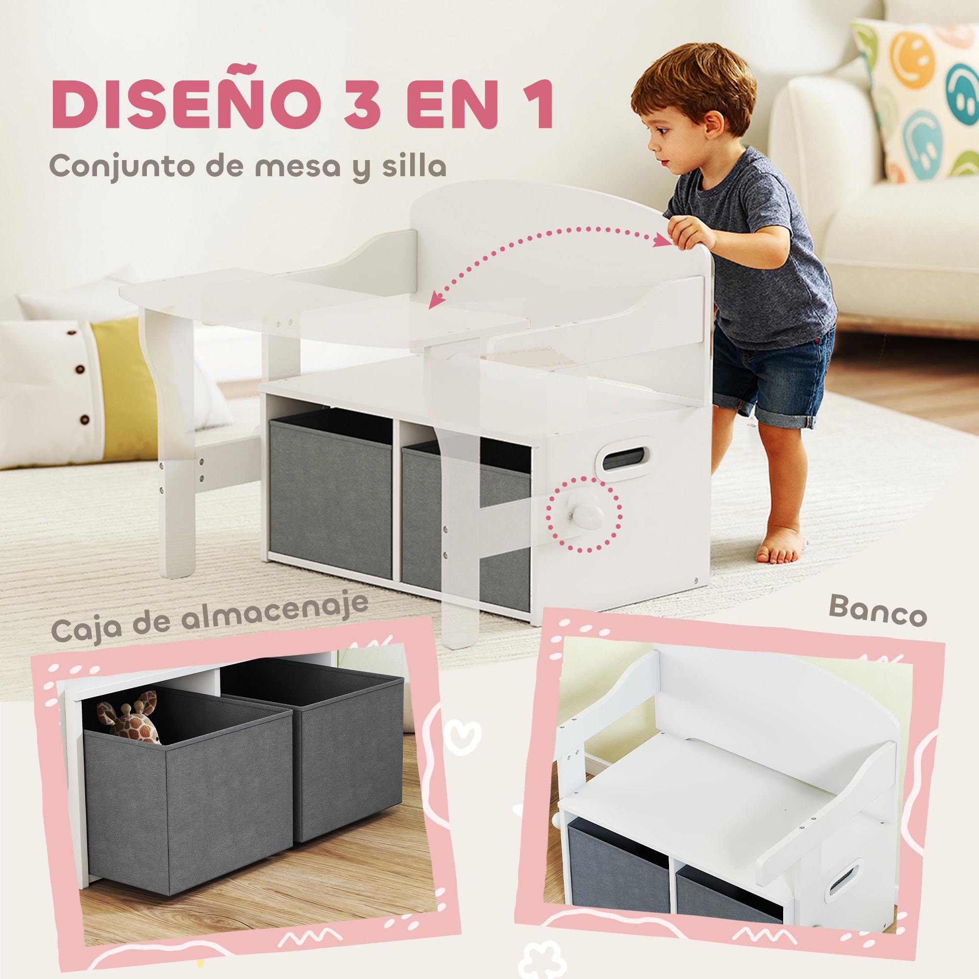 Banco Infantil Convertible 3 en 1, Juego de Mesa y Silla, Baúl de Juguetes con Cubos de Tela Extraíbles, Banco de Almacenaje, Mueble Multifuncional para Niños 3-6 Años, Blanco