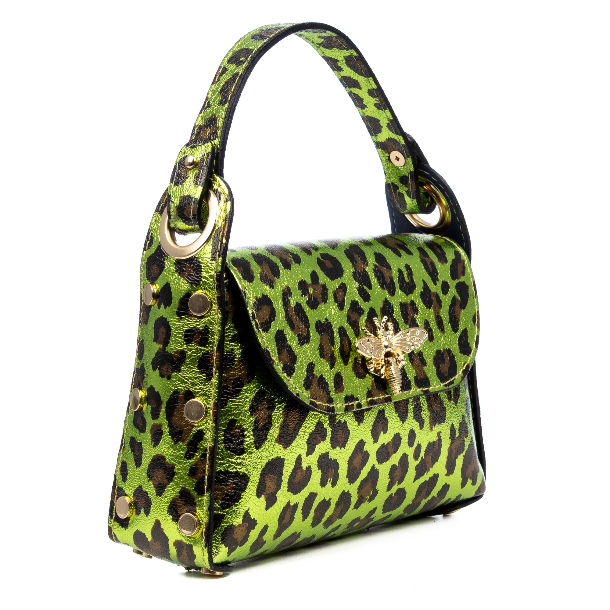 Aquileia bolso de mano mujer. Piel auténtica Gamuza con estampado animal print leopardo lacada brillante.