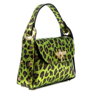 Aquileia bolso de mano mujer. Piel auténtica Gamuza con estampado animal print leopardo lacada brillante.