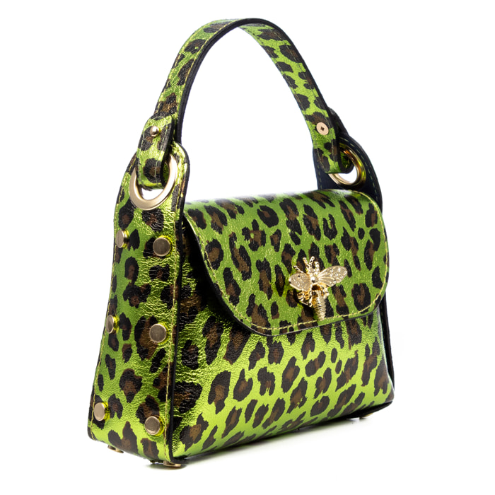 Aquileia bolso de mano mujer. Piel auténtica Gamuza con estampado animal print leopardo lacada brillante.