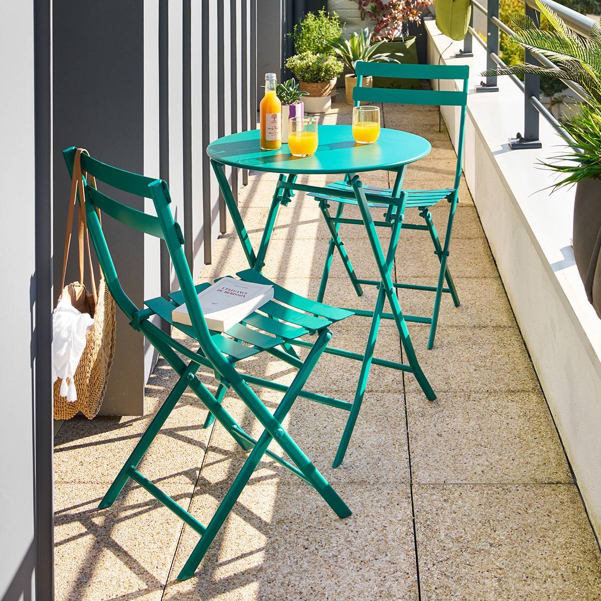 Table de jardin 2 places Greensboro plaible D60cm vert opale