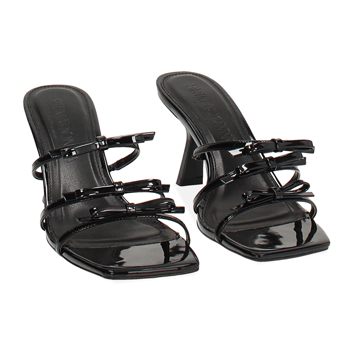 Mules open toe donna nere in vernice con fiocchi, tacco 7 cm