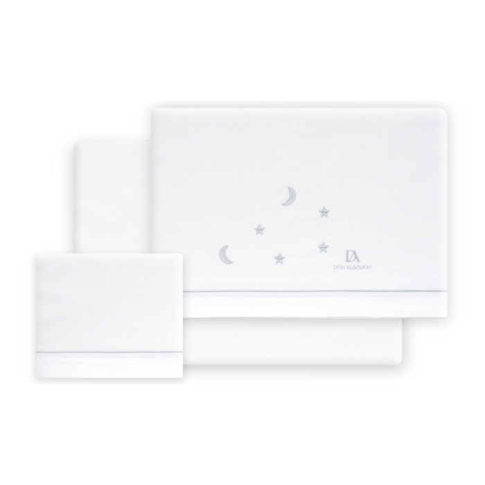 Triptico Minicuna 100% Alg Don Algodon Estrellas Luna Bco/Gris