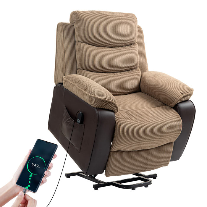 Sillón Relax Reclinable Eléctrico Levanta Personas, Sillón Elevador, con Puerto USB, Control Remoto, Reposapiés, Tapizado en Pana, Bolsillos Laterales, Marrón