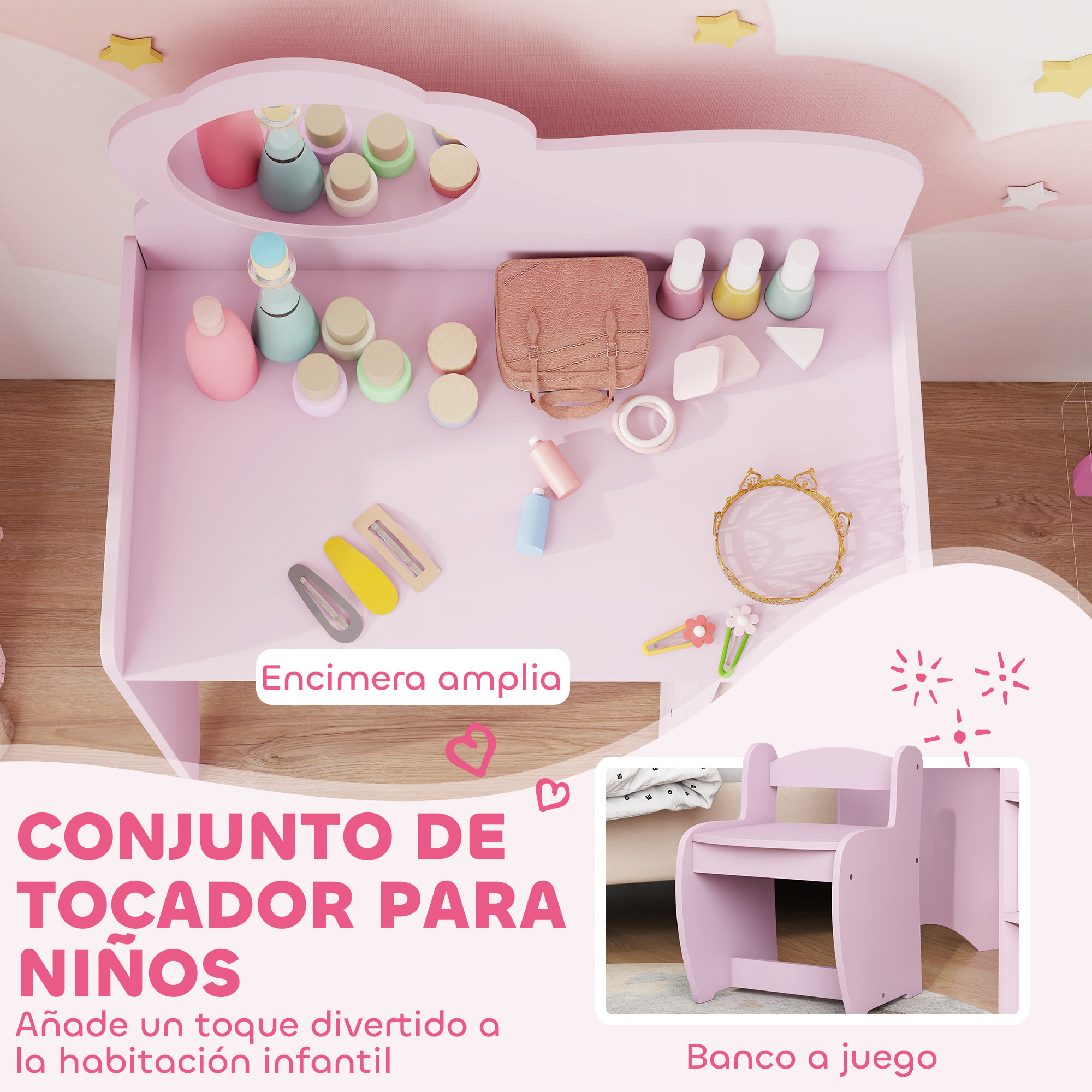 Tocador de Maquillaje Niña, 2 en 1, Escritorio, Tocador Infantil con Taburete, Espejo en Forma de Flor, Estantes Abiertos, para Niños +3 Años, Morado