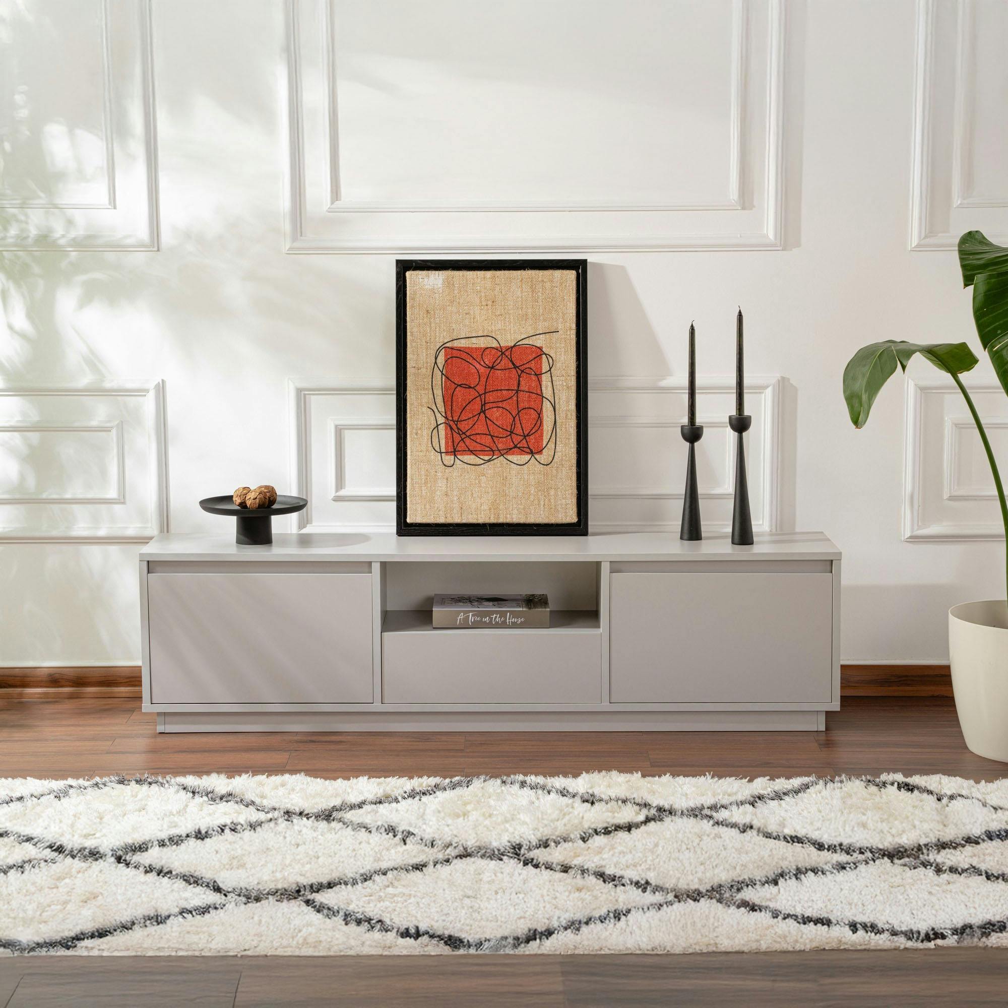 Meuble TV avec rangement - gris effet laque MARFA
