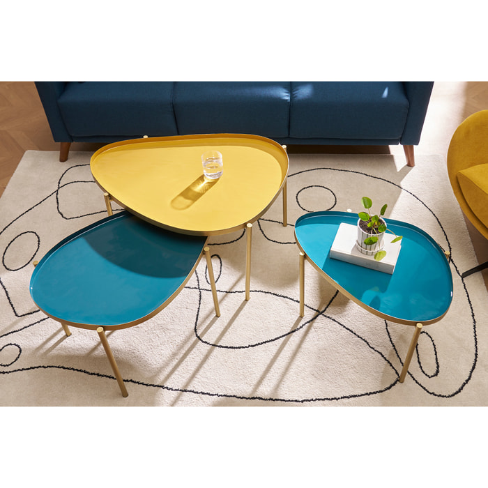 Tables basses gigognes laquées moutarde, bleu canard et bleu (lot de 3) ZURIA