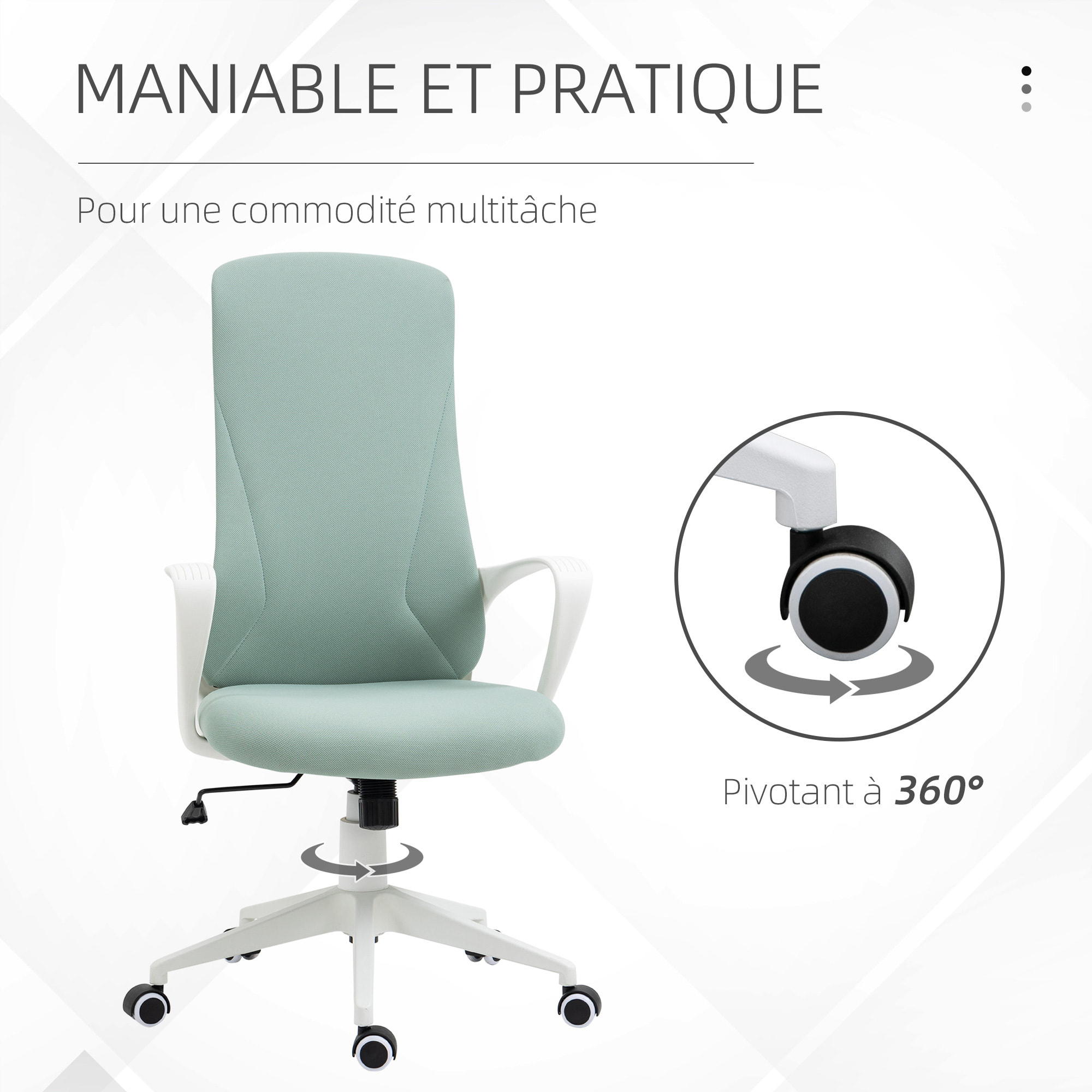 Fauteuil de bureau manager ergonomique inclinable réglable acier nylon blanc polyester vert d'eau