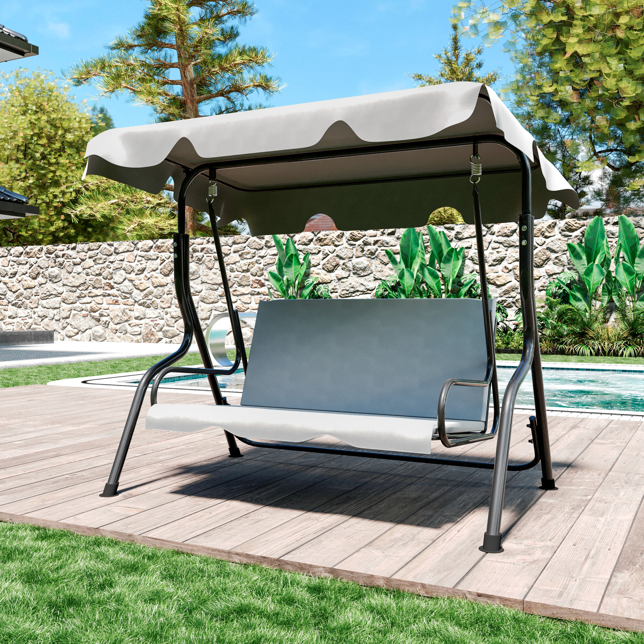 Dondolo 3 Posti Algarve Con Tettuccio Parasole Regolabile Cuscini Imbottiti Struttura Robusta In Acciaio Da Giardino 170 x 110 x 153 cm Grigio
