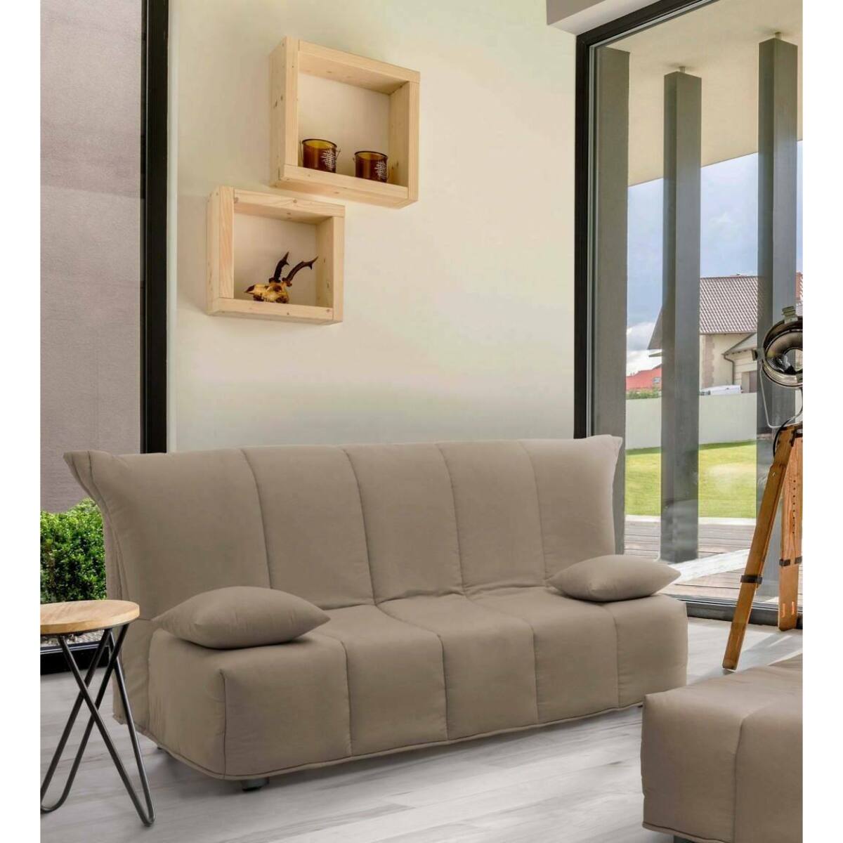 Divano Letto Allegra, Divano a 3 posti, 100% Made in Italy, Sofà Soggiorno con apertura a carrello, in tessuto imbottito, con cuscini inclusi, Cm 165x90h85, Tortora