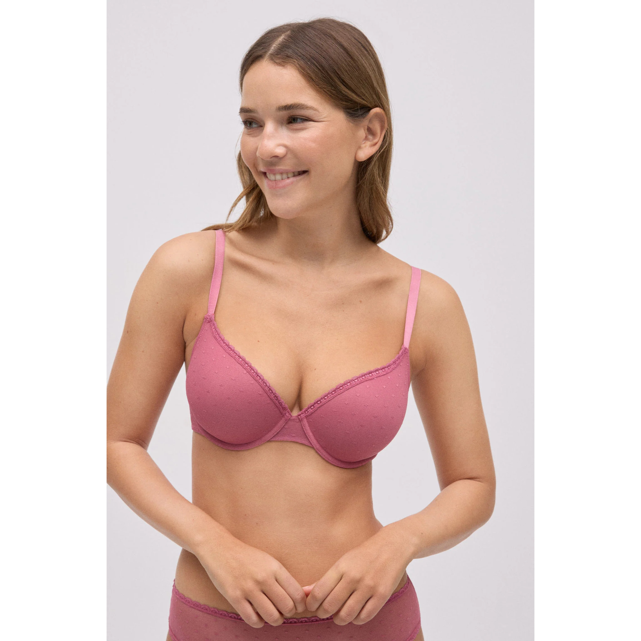 Reggiseno imbottito con ferretto in plumetis rosa, coppe B e C