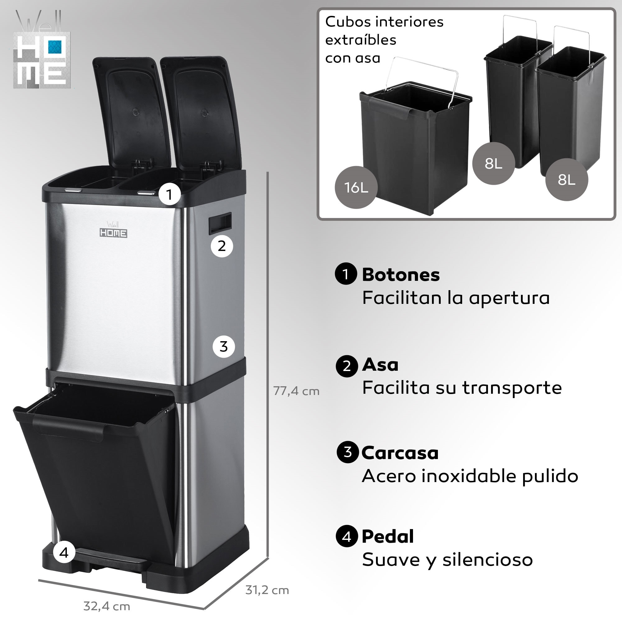 Cubo de reciclaje ecológico 32 litros de 3 compartimentos (2 de 8 l + 1 de 16 l), reciclaje de basura / cubos de reciclaje, gran capacidad, para papel