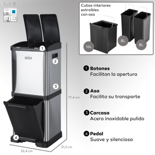 Cubo de reciclaje ecológico 32 litros de 3 compartimentos (2 de 8 l + 1 de 16 l), reciclaje de basura / cubos de reciclaje, gran capacidad, para papel