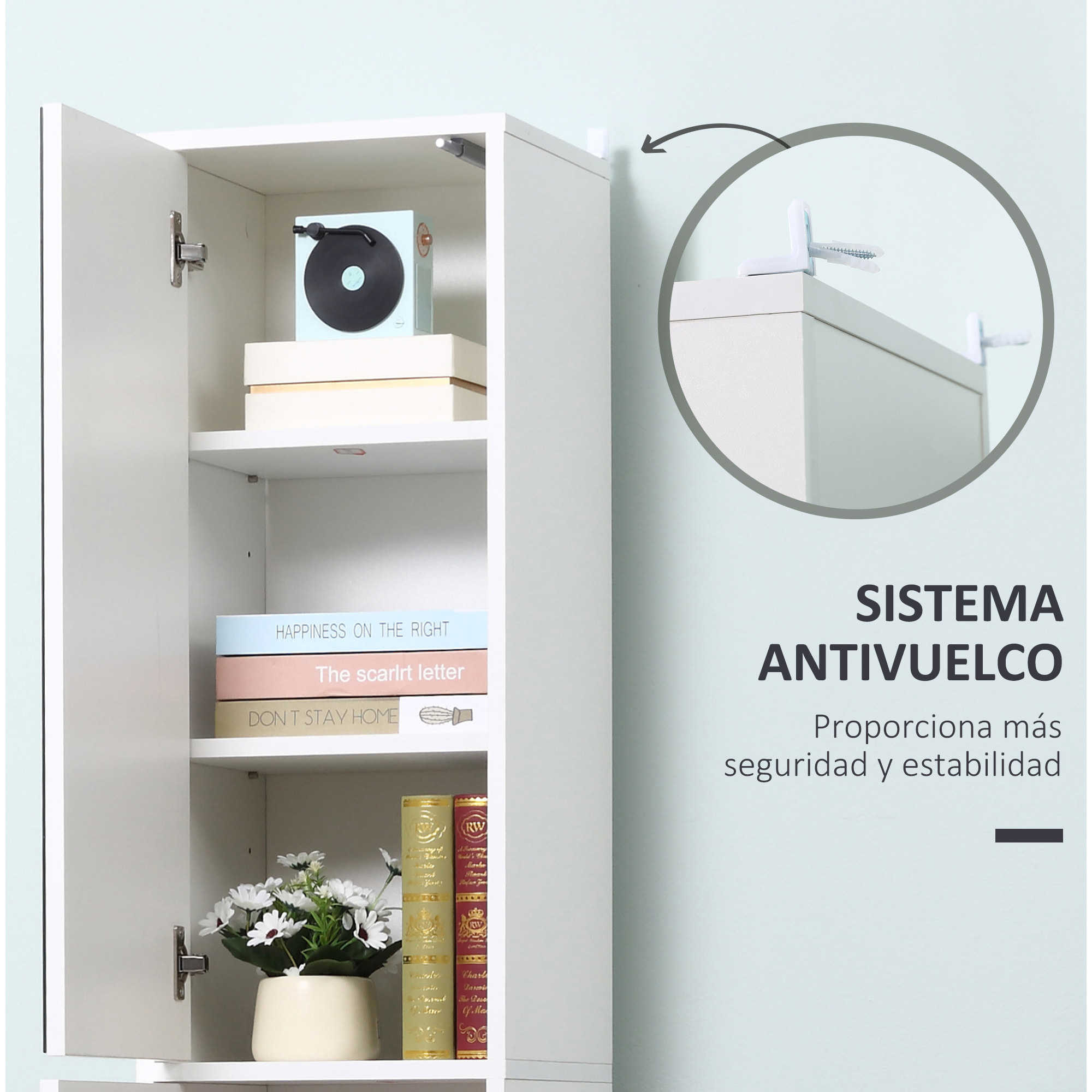 kleankin Armario para Baño Alto Mueble Columna de Baño con Espejo 2 Puertas y Estantes Interiores Ajustables Multiusos para Cocina Salón 32x28x162 cm Blanco