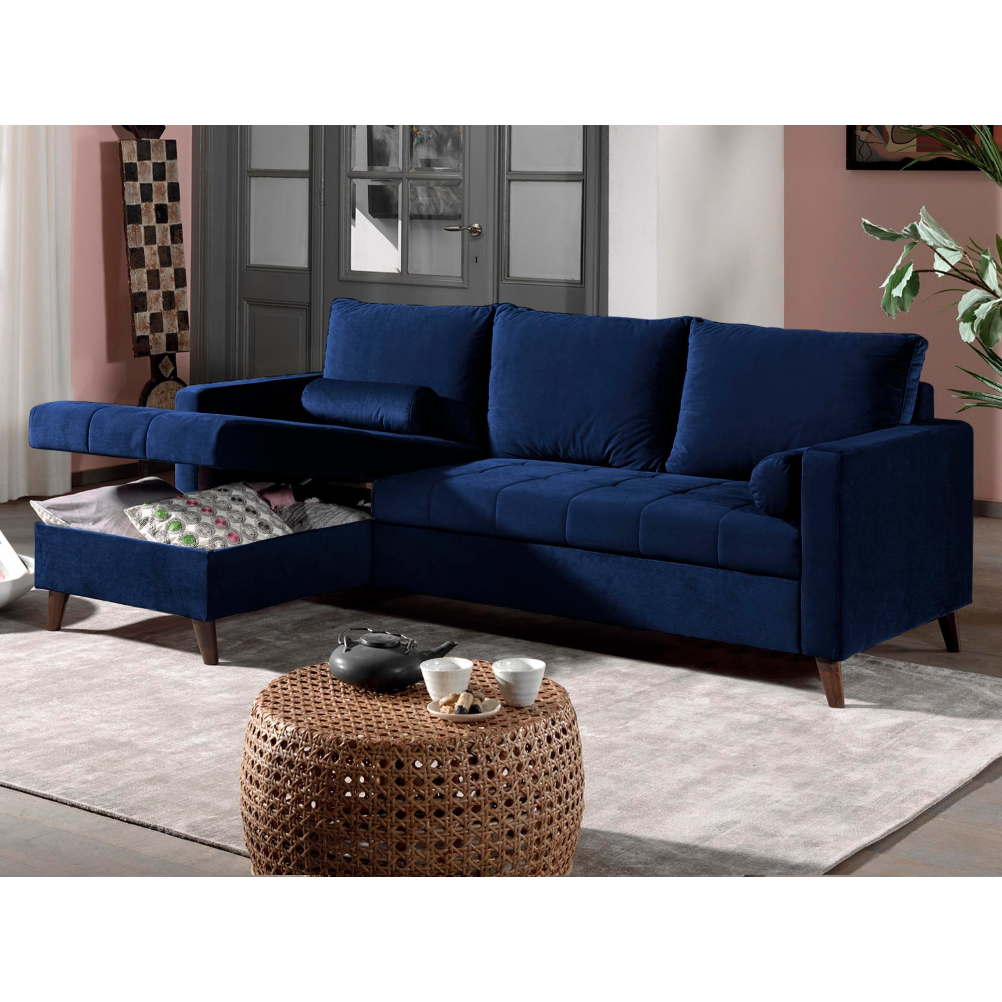 POLAR - Canapé d'angle réversible convertible - en velours au design scandinave - 4 places - Bleu nuit