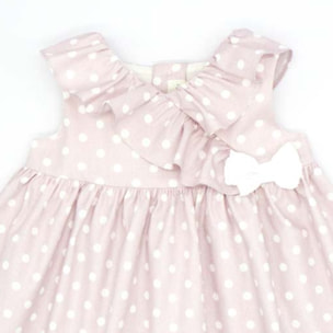 VESTIDO CON VOLANTE ROSA LUNARES BLANCO