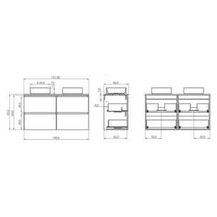 ENSEMBLE SALLE DE BAIN GLOOM | MEUBLE SUSPENDU | 140 CM NATURE | 4 TIROIRS | LAVABO SUR PLAN | MEUBLE MONTÉ | ALDAY
