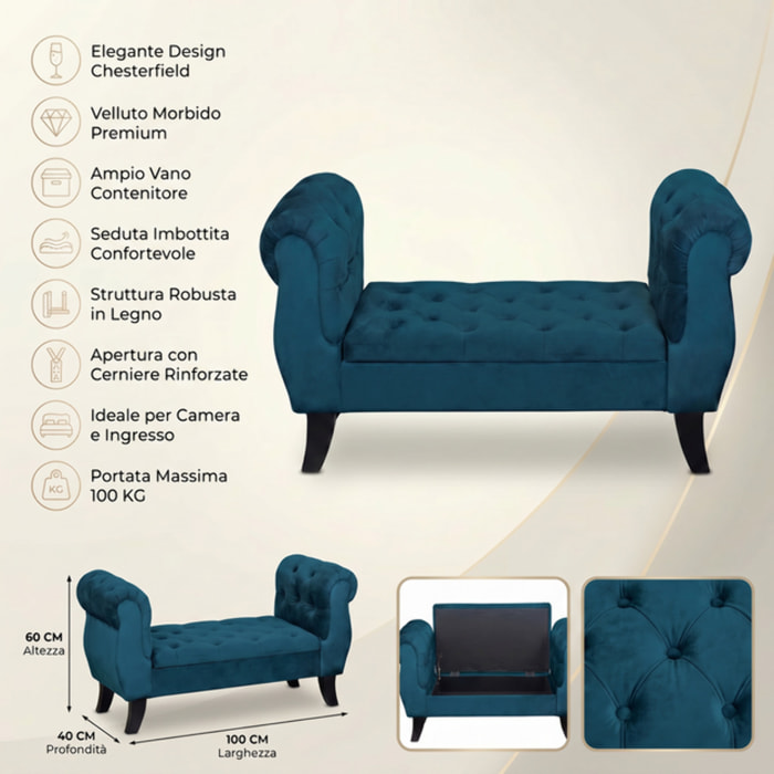 Divanetto Contenitore Imbottito in Effetto Velluto con Vano Contenitore Integrato, Seduta Elegante dallo Stile Classico per Camera da Letto, Ingresso e Soggiorno