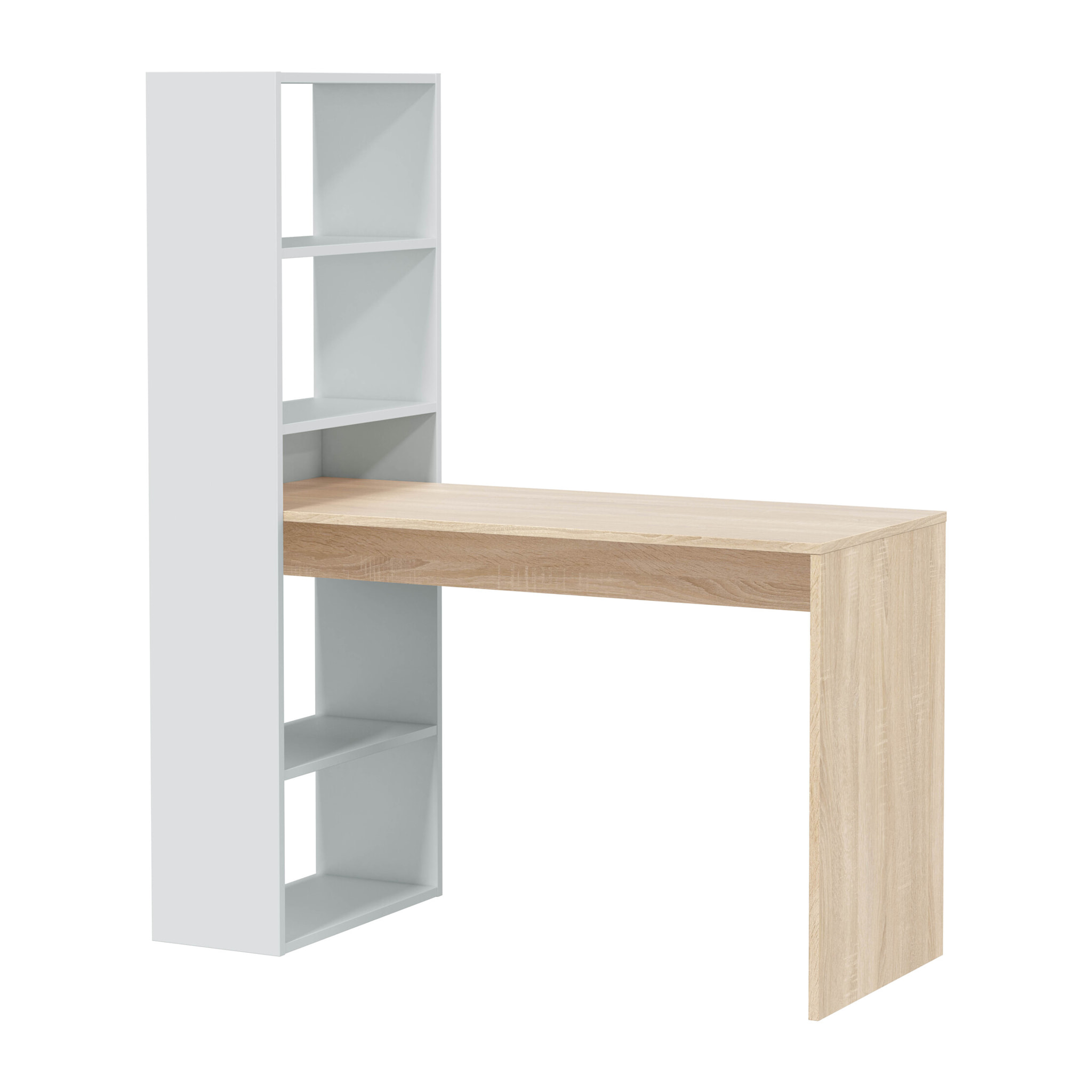 Scrivania Con Libreria Reversibile Kirkensen Scrittoio Scaffali Laterali Mobile Desk da Ufficio Soggiorno Sala Da Pranzo 120x144x53 Cm Bianco e Rovere