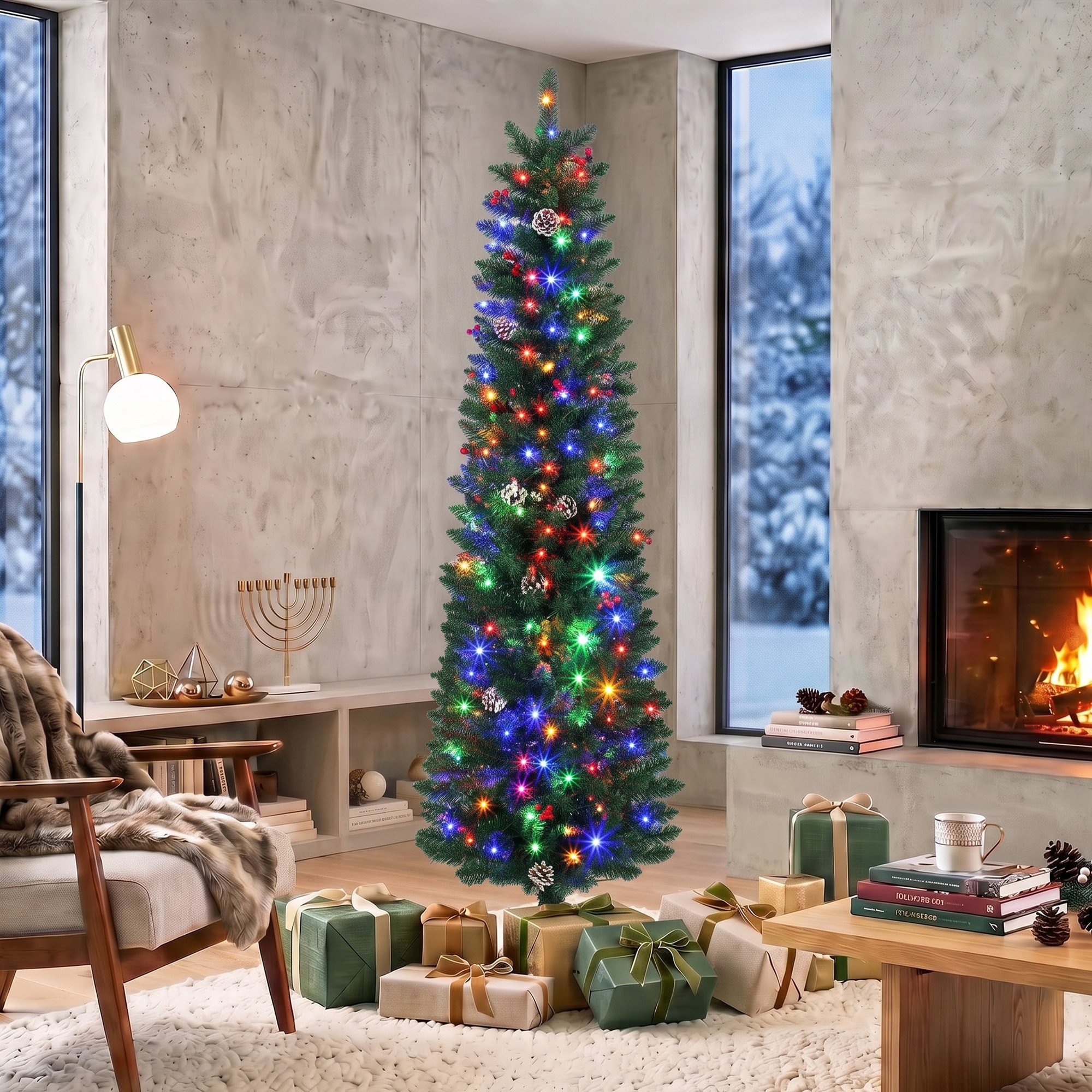 Árbol de Navidad Estrecho con 170 Luces LED Bicolor, 180 cm, Árbol de Navidad de Abeto, 351 Ramas Ignífugas, 11 Modos, 25 Piñas, 25 Bayas Rojas, Mando a Distancia, Estructura de Acero, Verde
