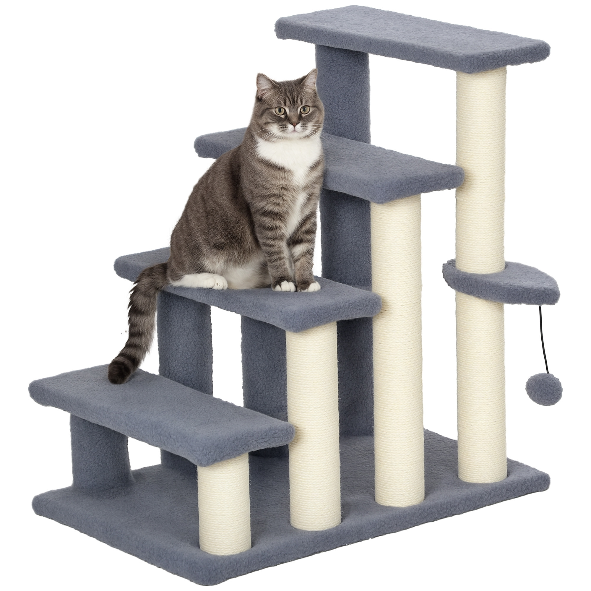 Escalera para Gatos de 4 Niveles Escalera para Mascotas Cubierto de Suave Felpa Poste de Sisal Bola Colgante Árbol Rascador para Gatos 60x40x64 cm Gris