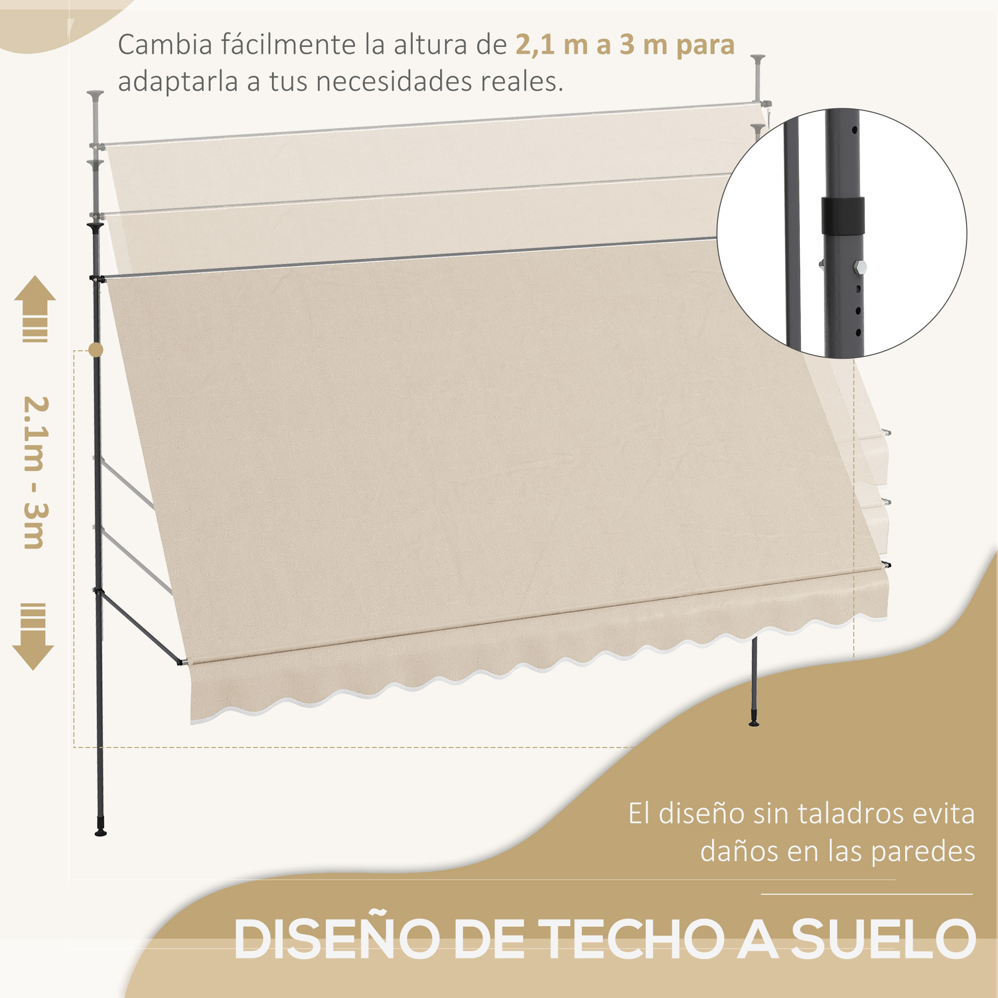 Toldo Manual Retráctil 3,5x1,2 m Toldo Exterior Terraza Enrollable Altura Ajustable con Manivela 210-300 cm Sin Taladro Protección UV30+ para Balcón Jardín Arena