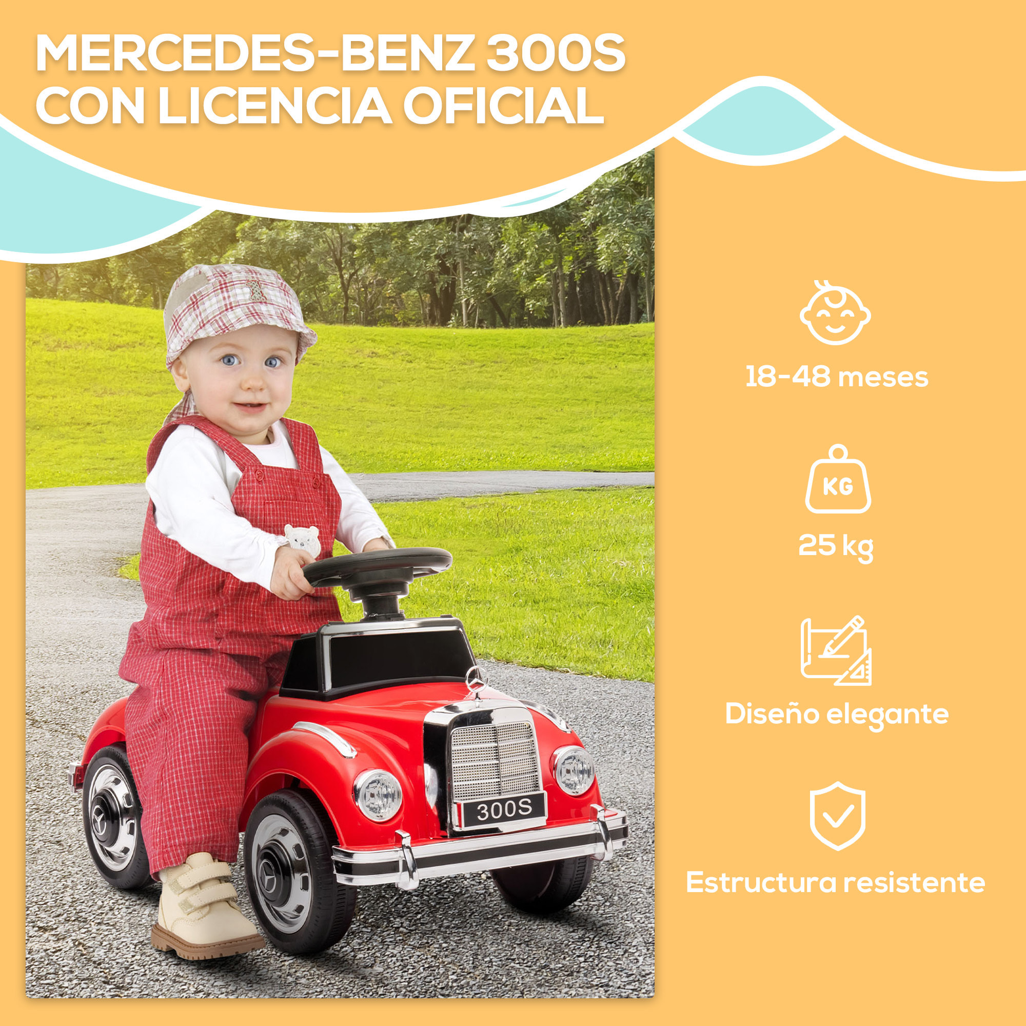Coche Correpasillos con Licencia de Mercedes-Benz 300S Correpasillos para Niños de 18-48 Meses con Almacenaje Volante Sistema Anti-Vuelco Carga 25 kg 77,5x41,5x45 cm Rojo
